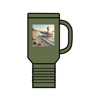 Fantasy Paddleboarding 40oz Insulated Travel Mug in sophisticated olive green, showcasing enchanting paddleboarding imagery. Ideal for stylish hydration on adventures.