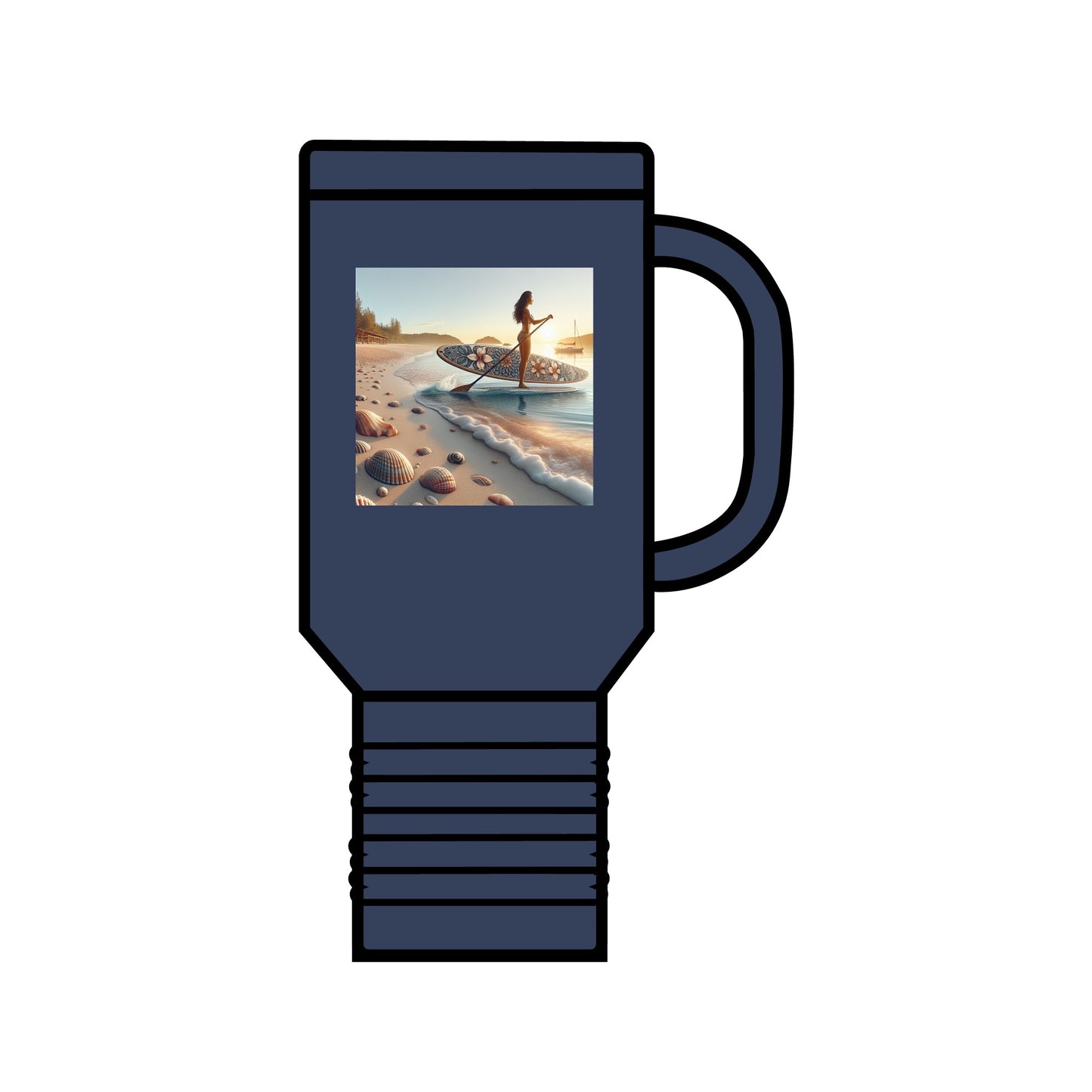 Fantasy Paddleboarding 40oz Insulated Travel Mug in elegant navy blue, featuring whimsical paddleboarding artwork. Perfect for outdoor enthusiasts seeking luxury and functionality.
