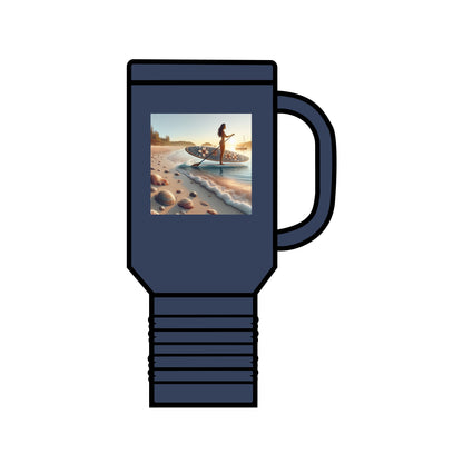 Fantasy Paddleboarding 40oz Insulated Travel Mug in elegant navy blue, featuring whimsical paddleboarding artwork. Perfect for outdoor enthusiasts seeking luxury and functionality.