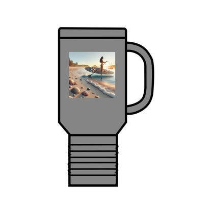 Fantasy Paddleboarding 40oz Insulated Travel Mug depicted with a stylish grey finish, featuring an enchanting paddle boarder graphic, engineered for adventurers seeking elegant hydration solutions.