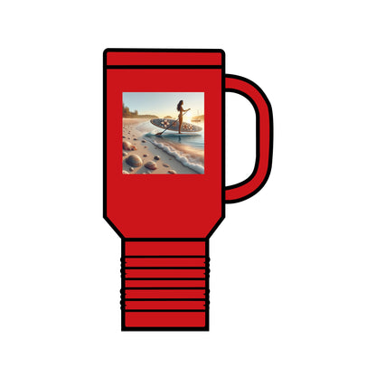 Fantasy Paddleboarding 40oz Insulated Travel Mug in vibrant red, featuring imaginative paddleboarding artwork. Perfect for adventurous spirits who appreciate unique style.