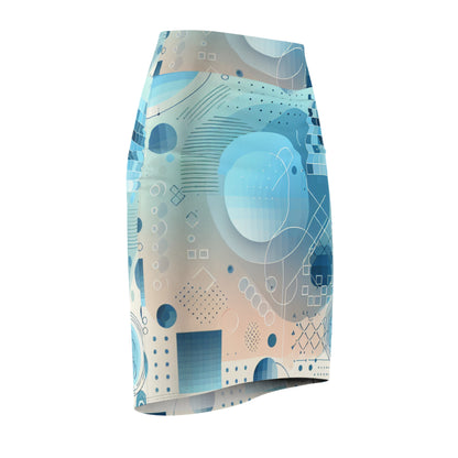Model wearing the Art-Inspired Abstract Pencil Skirt in Pastel Blues by Dazzling Dreams Studio, demonstrating stylish versatility for modern occasions.