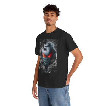Luxury unisex graphic t-shirt featuring a striking helmet design with red glowing eyes, perfect for urban street fashion enthusiasts.