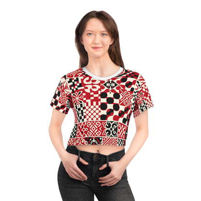 Flat lay of the Valentina Rialto Vibrant Red Checkerboard Crop Top by Dazzling Dreams Studio, showcasing its artistic design and perfect pairing with tailored shorts for a stylish ensemble.