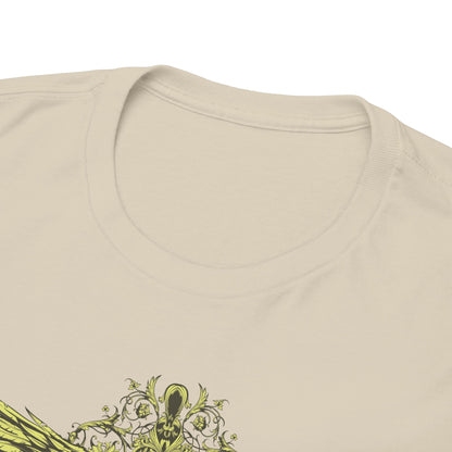 Close-up view of a luxuriously crafted Men's T-Shirt featuring a decorative cross and intricately stylized wings, showcasing premium fabric quality.