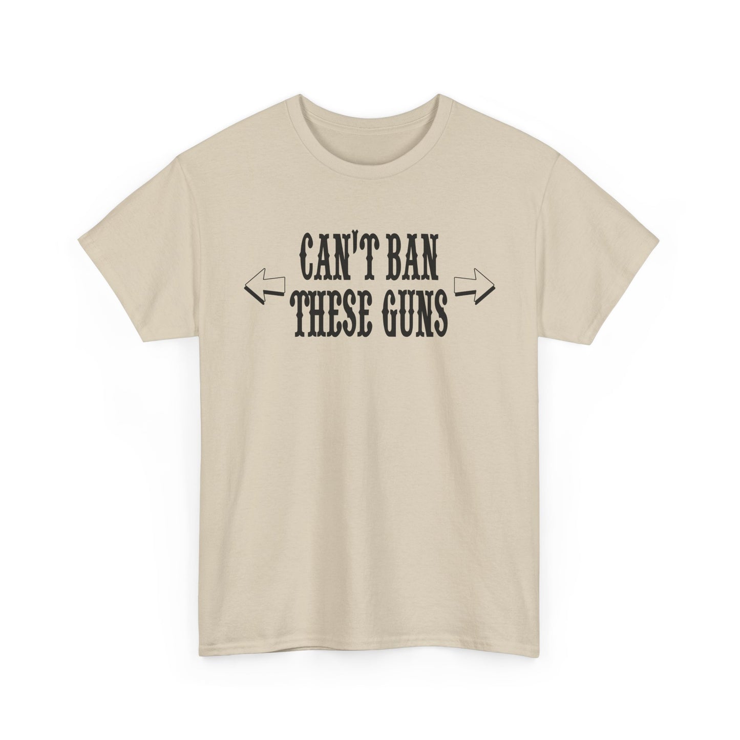 Eye-catching beige men's t-shirt featuring the bold phrase 'CAN'T BAN THESE GUNS', embodying a powerful statement for gym-goers.