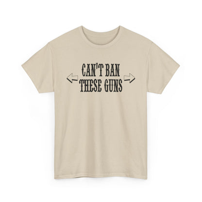 Eye-catching beige men's t-shirt featuring the bold phrase 'CAN'T BAN THESE GUNS', embodying a powerful statement for gym-goers.