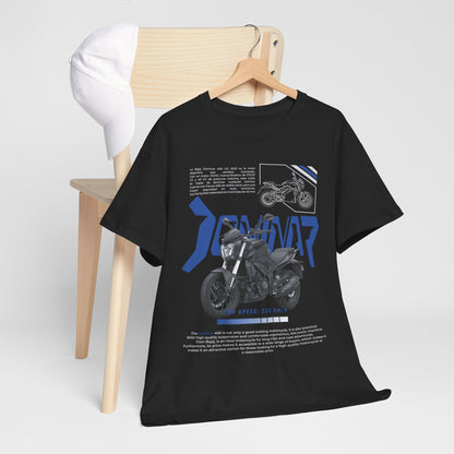 Exclusive Dominar 400 men's T-shirt elegantly styled on a modern hanger with immaculate design and motorcycle detailing, perfect for those who value sophistication in their apparel.