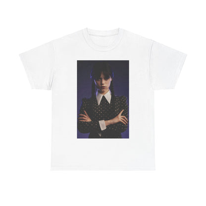 Discover the allure of the 'Wednesday: Embrace the Dark Elegance!' unisex graphic tee, featuring a striking image of an elegant character clad in dark hues.