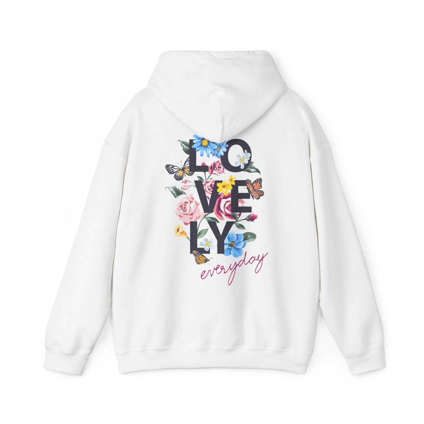 Elegant white hoodie featuring a vibrant floral graphic on the back, showcasing the word 'LOVELY' in bold dark-gray letters, complemented by delicate pink roses, blue daisies, and fluttering butterflies, perfect for stylish casual wear.