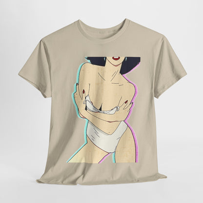 Stylish unisex graphic cotton t-shirt featuring a suggestive vintage pin-up illustration, highlighting a confident female figure in a loose-fitting top. The design embodies playful charm with a dreamy colour gradient.