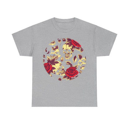 Skulls and Roses Cotton Tee: A luxury unisex graphic shirt in a lighter shade of grey showcasing a detailed skull and rose design, ideal for alternative fashion lovers.