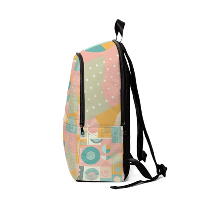 Stylish side perspective of the Abstract Geometric Pastel Backpack from FitFusion PowerCore Studio, featuring a vibrant geometric pattern in calming pastel colours, ideal for discerning taste.