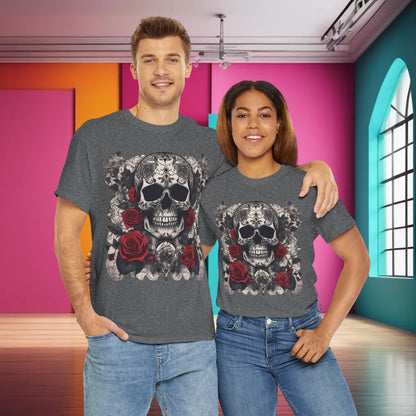 Couple showcasing the Skulls and Roses Cotton Tee in a vibrant environment, highlighting its trendy graphic design suitable for alternative fashion.