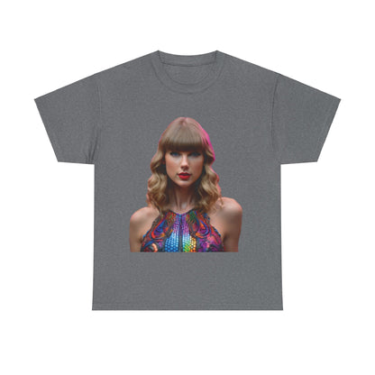 Elegant Swifties Psychedelic Taylor Swift Heavy Cotton Tee in a stylish grey hue, showcasing a vibrant graphic of Taylor Swift, designed for fans who appreciate unique fashion statements.