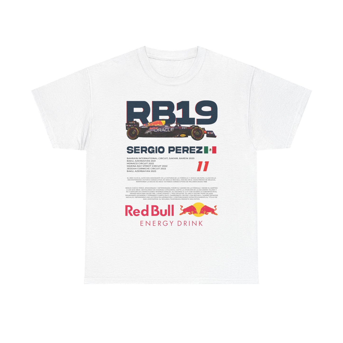 Stylish white men's t-shirt featuring a striking RB19 graphic, Sergio Perez name, and Red Bull branding, ideal for Formula 1 enthusiasts.