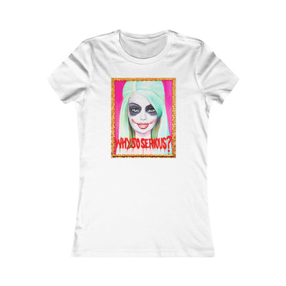 Front view of the 'Why So Serious?' Joker Barbie women's graphic tee in white, showcasing a vibrant pop art design with dramatic makeup and bold text.