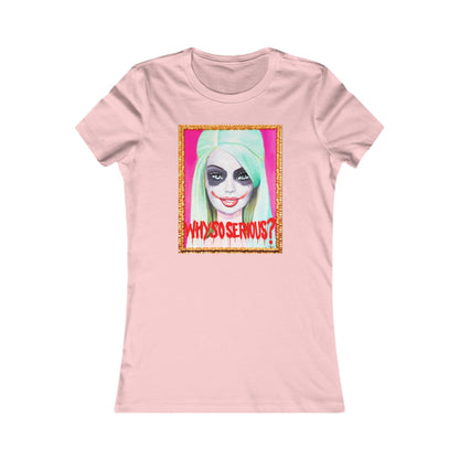 Front view of the 'Why So Serious?' Joker Barbie women's graphic tee in pink, displaying a playful combination of edgy design and whimsical art.