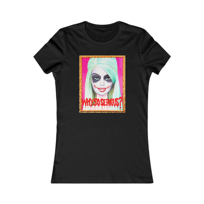 Front view of the 'Why So Serious?' Joker Barbie women's graphic t-shirt in black, featuring striking pop art style with a captivating expression and bold typography.