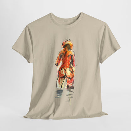 Luxurious unisex graphic cotton t-shirt featuring an artistic silhouette design in warm hues, perfect for expressing individuality and playful charm in urban street fashion.