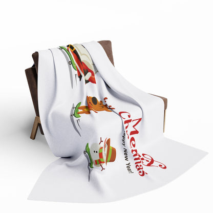 Decorative and Warm Christmas Arctic Fleece Blanket draped over a stylish armchair, featuring festive illustrations of a cheerful snowman, Santa Claus, and reindeer, perfect for adding a touch of luxury and warmth to your holiday decor.