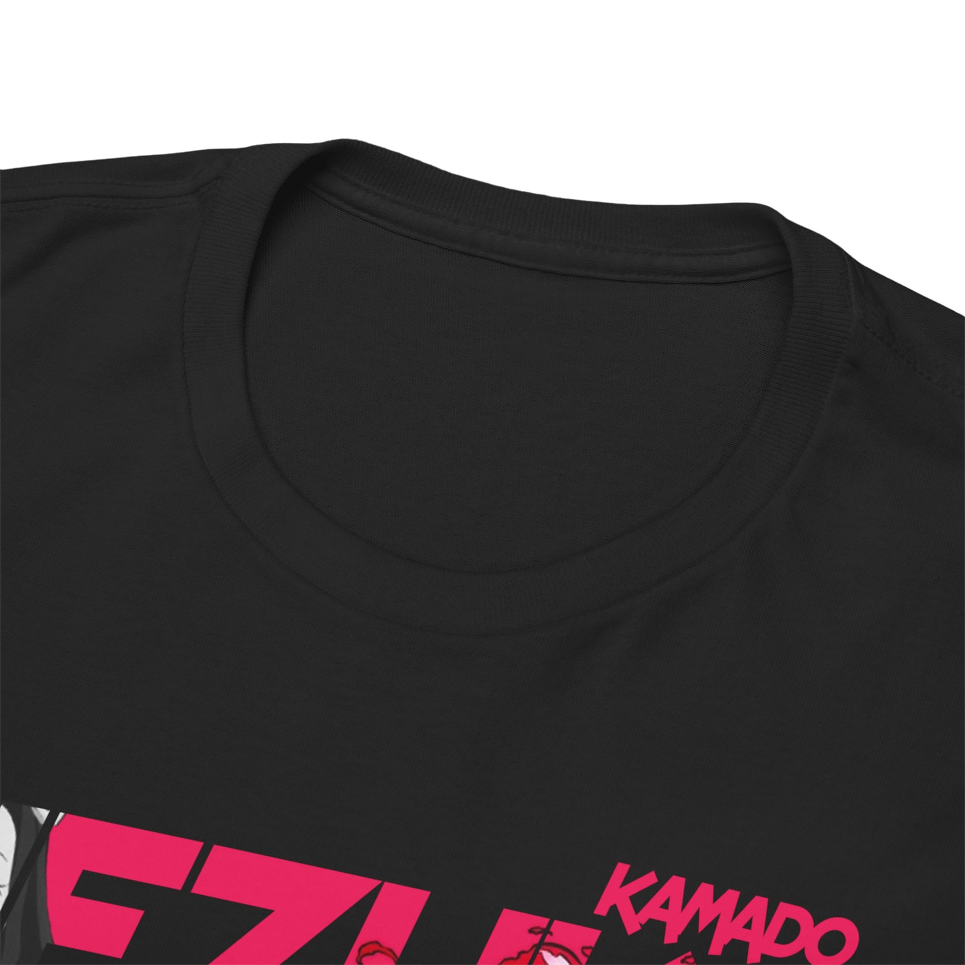 Close-up of a luxurious black T-shirt neckline, featuring the iconic Nezuko Kamado design, showcasing premium fabric quality for discerning tastes.