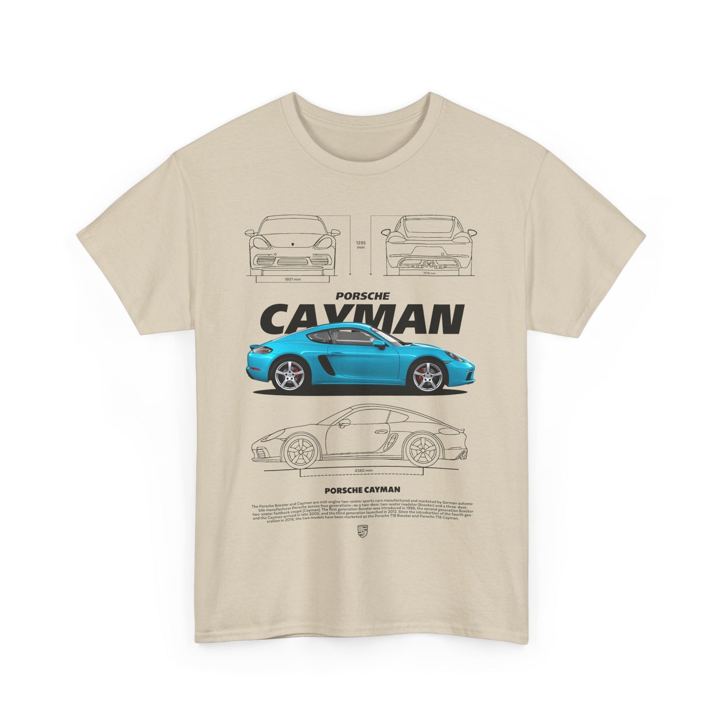 Chic beige t-shirt with a Porsche Cayman graphic design, highlighting exquisite car details and artistic illustrations, complemented by a stylish layout.