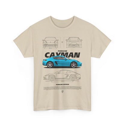 Chic beige t-shirt with a Porsche Cayman graphic design, highlighting exquisite car details and artistic illustrations, complemented by a stylish layout.