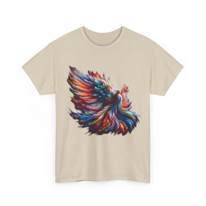 Majestic Angel Graphic Unisex T-Shirt featuring vibrant abstract art in luxurious multicoloured design on a light beige background.