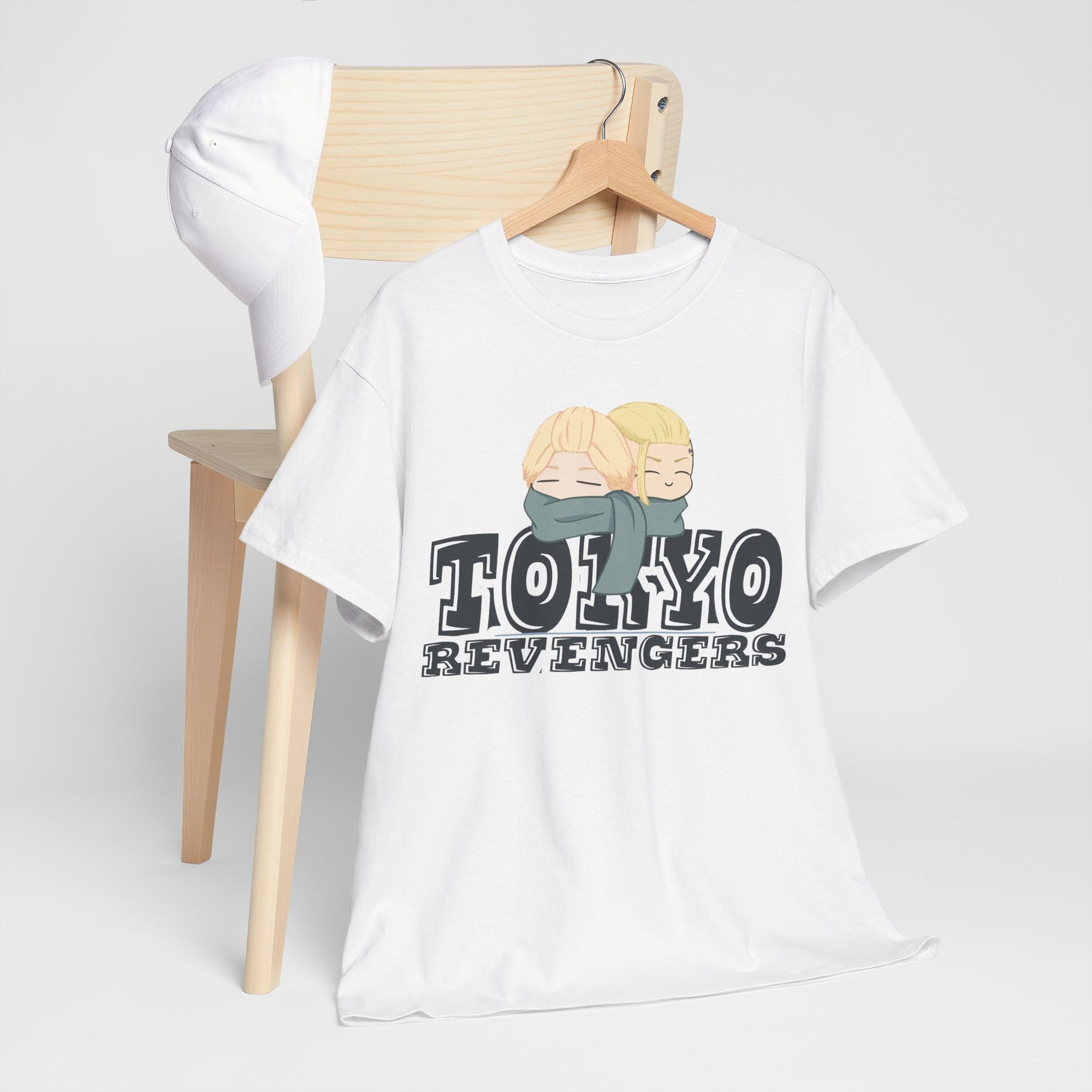 Luxurious white graphic tee combining streetwear and anime aesthetics, featuring the phrase 'Tokyo Revengers' alongside adorable characters, perfect for urban style.