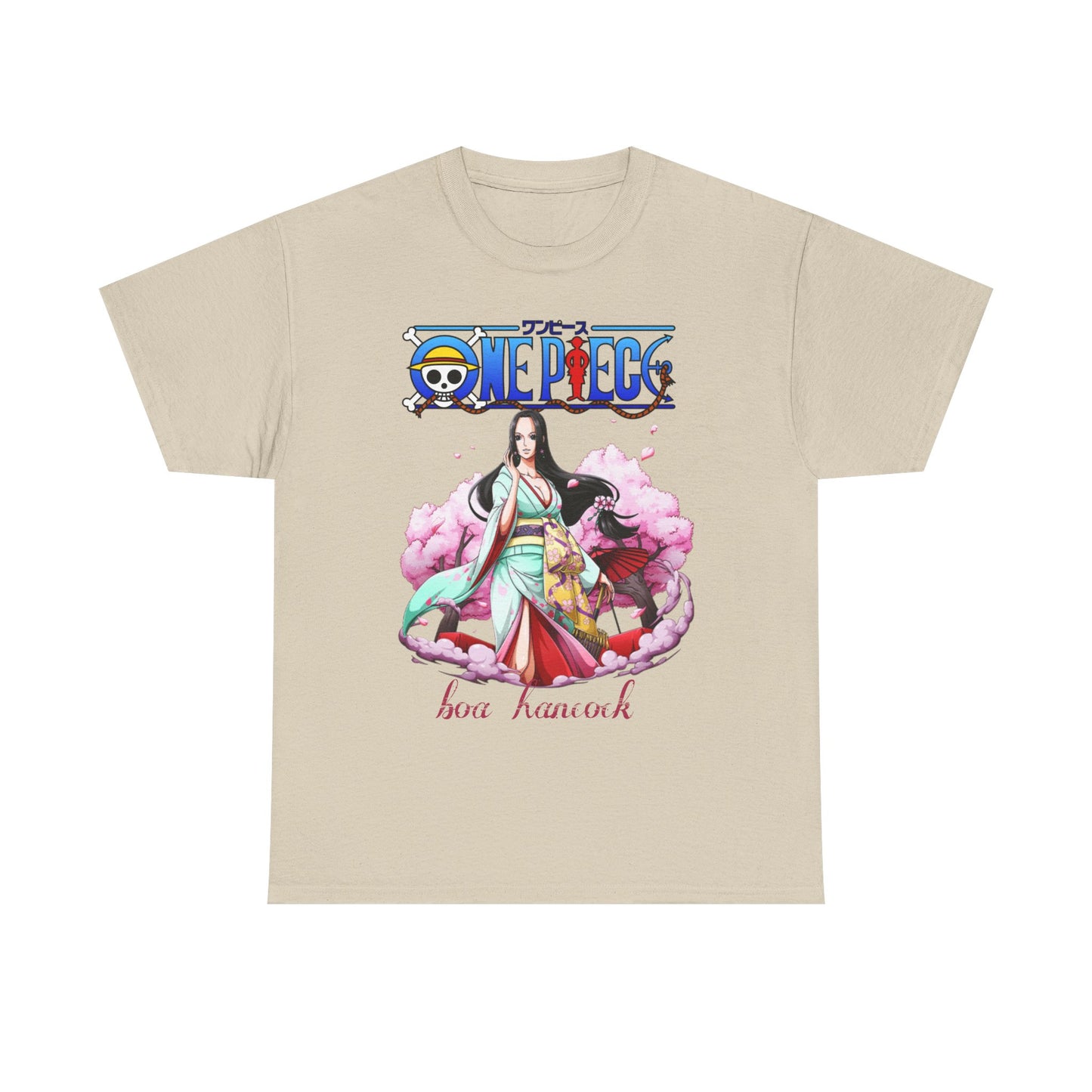 Chic beige t-shirt displaying a striking image of Boa Hancock from One Piece in a light teal kimono, complemented by vivid cherry blossom accents. An exquisite choice for discerning fans of anime.