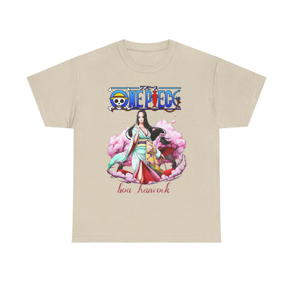 Chic beige t-shirt displaying a striking image of Boa Hancock from One Piece in a light teal kimono, complemented by vivid cherry blossom accents. An exquisite choice for discerning fans of anime.
