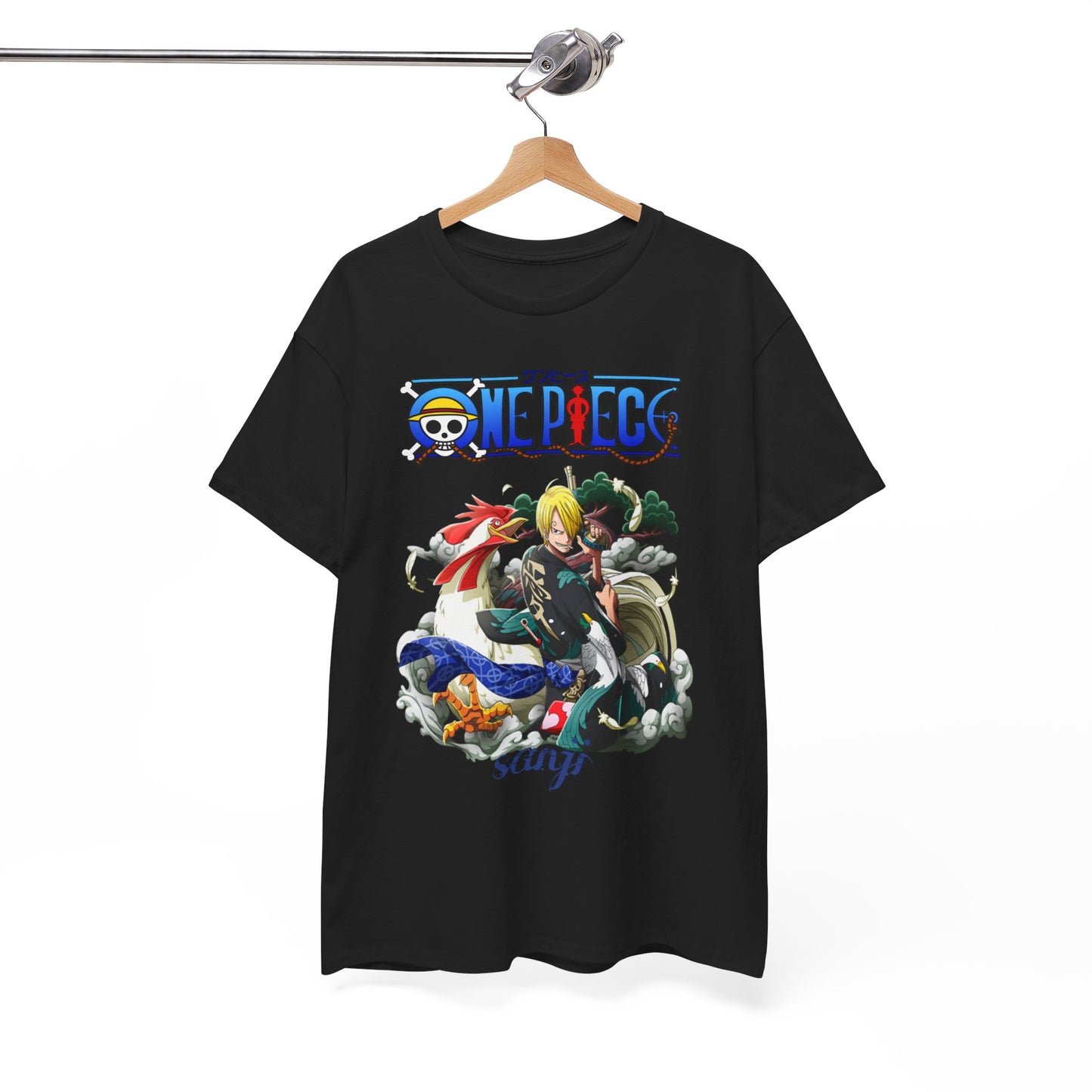 Elegant display of a black men's t-shirt featuring a stunning Sanji print from One Piece, exuding style and anime enthusiasm.