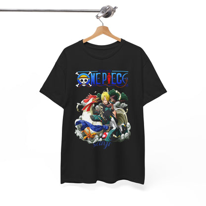 Elegant display of a black men's t-shirt featuring a stunning Sanji print from One Piece, exuding style and anime enthusiasm.