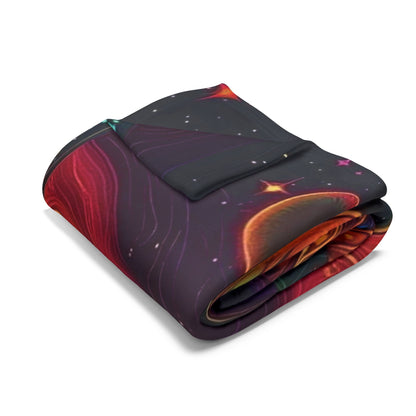 Plush Decorative and Warm Halloween Spooky Arctic Fleece Blanket elegantly folded, showcasing vibrant cosmic patterns and Halloween motifs, perfect for seasonal comfort.