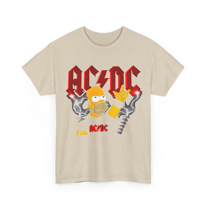 Homer Rock & Roll Unisex Cotton Tee Graphic T Shirt in beige, featuring a bold front design of Homer Simpson with the AC/DC logo, suitable for a fashionable casual look.