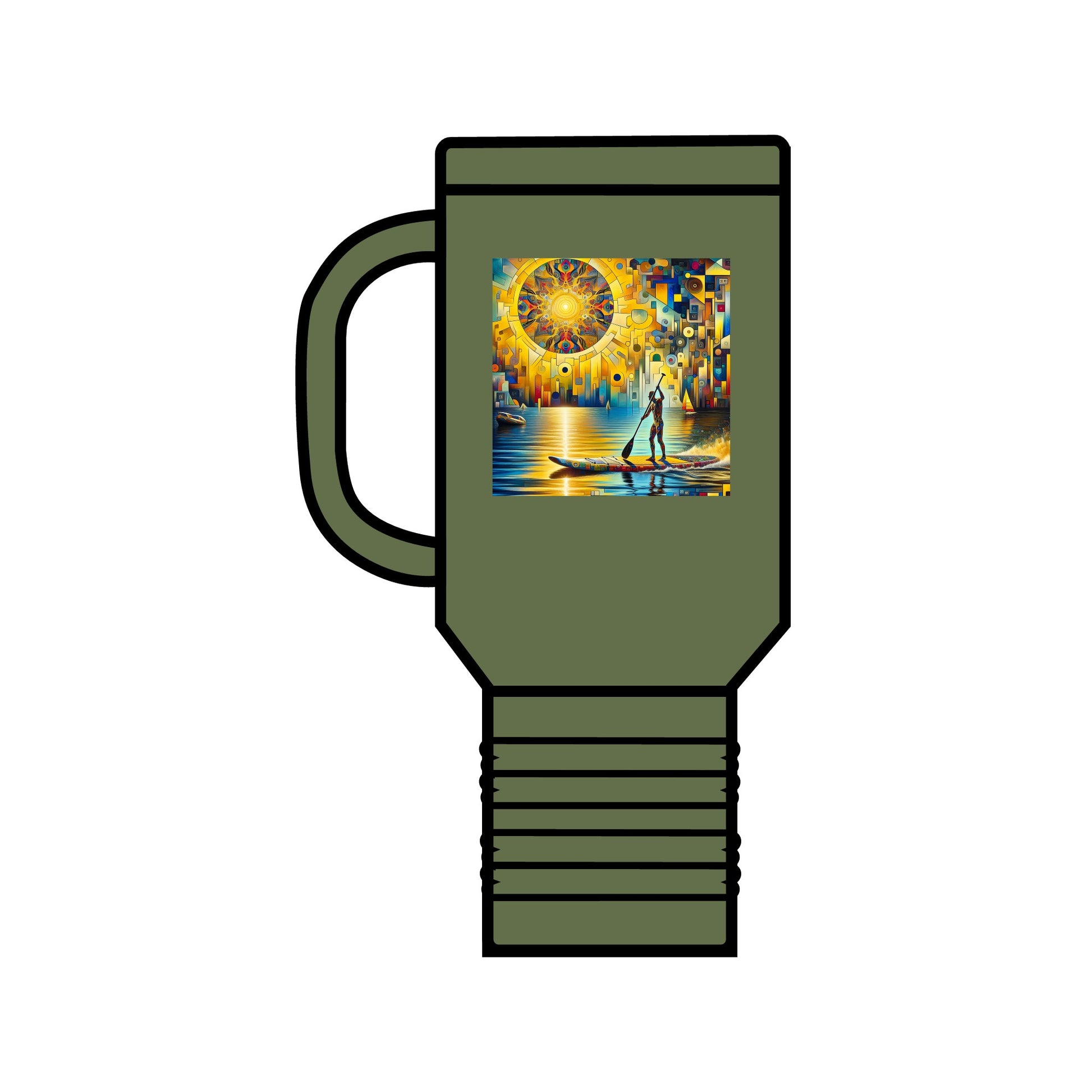 Fantasy Paddleboarding Insulated Travel Mug 40oz in olive green showcasing whimsical paddleboarding design, made from premium stainless steel for ultimate insulation and style.