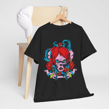 Fashionably presented black t-shirt featuring a striking skull design adorned with red roses and vibrant blue accents, set against a minimalistic background.