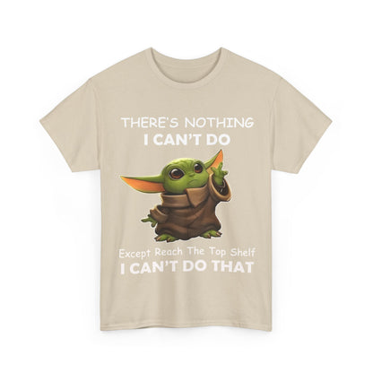 Front view of a humorous graphic unisex tee shirt titled 'Grogu, The Child, Baby Yoda' featuring a vibrant illustration of Grogu with playful text.