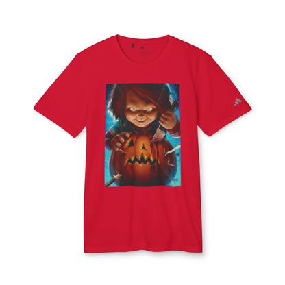 Adidas Unisex Halloween Chucky Cute T-shirt in red, featuring an eye-catching Chucky graphic perfect for making a bold statement during Halloween festivities.