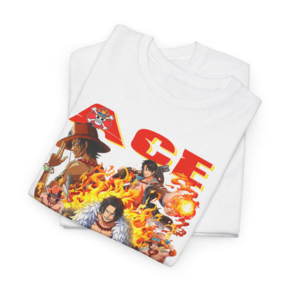 Stylish folded Men's t-shirt with bold Ace graphic design, showcasing characters from One Piece amidst flames, perfect for anime enthusiasts.