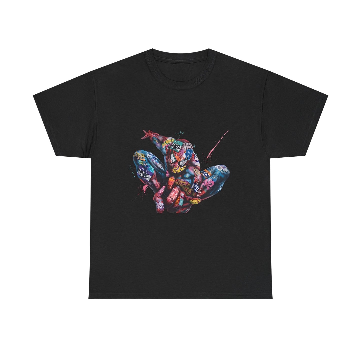 Elegant black men's t-shirt adorned with a striking Spider-Man graffiti graphic, embodying a blend of action and artistry. Perfect for those seeking a bold yet sophisticated look.