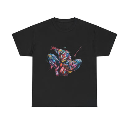 Elegant black men's t-shirt adorned with a striking Spider-Man graffiti graphic, embodying a blend of action and artistry. Perfect for those seeking a bold yet sophisticated look.