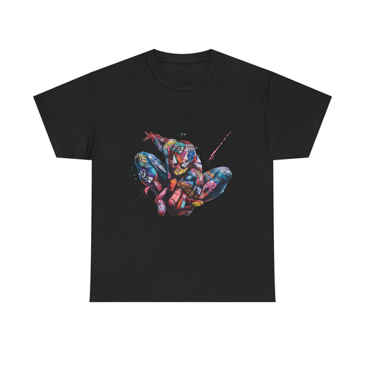 Elegant black men's t-shirt adorned with a striking Spider-Man graffiti graphic, embodying a blend of action and artistry. Perfect for those seeking a bold yet sophisticated look.