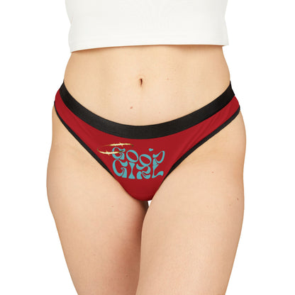 Luxurious Good Girl thong panties for women, featuring a vibrant red fabric and playful 'Good Girl' graphic in turquoise, designed to flatter and empower.