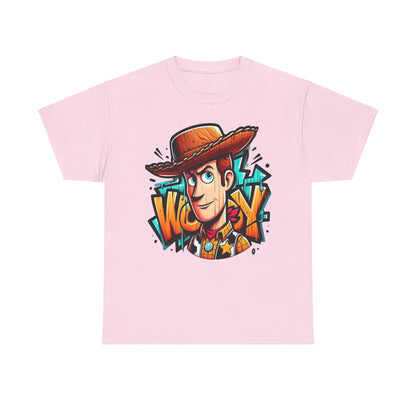 Woody Graffiti Style Unisex Graphic Tee - Charming Woody illustration featuring bright graffiti elements on a pink background.