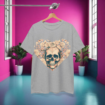Skulls and Roses Cotton Tee in grey, elegantly hanging against a chic background, highlighting its unique skull and rose heart design, a perfect statement piece for alternative fashion.