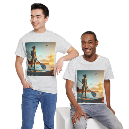 Lush paddleboarding scenery featured on Delightfull T-Shirt, designed by Dazzling Dreams Studio, embodying elegance and outdoor adventure.