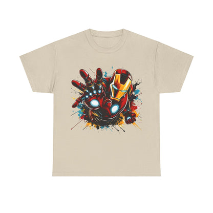 Unleash Your Inner Hero: Iron Man Graphic Unisex Tee Shirt in beige, featuring a vibrant design of Iron Man with mechanical details and bold paint splashes.