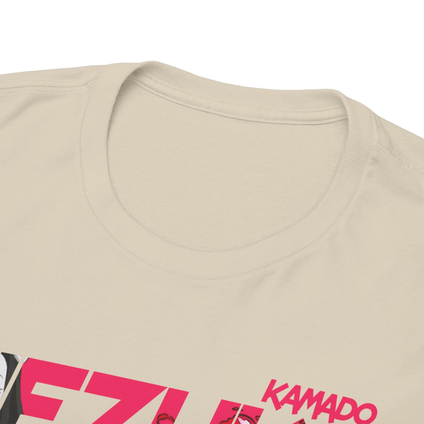 Close-up of the neckline of a luxury Nezuko Kamado T-shirt, emphasising its high-quality fabric and craftsmanship, perfect for anime aficionados.